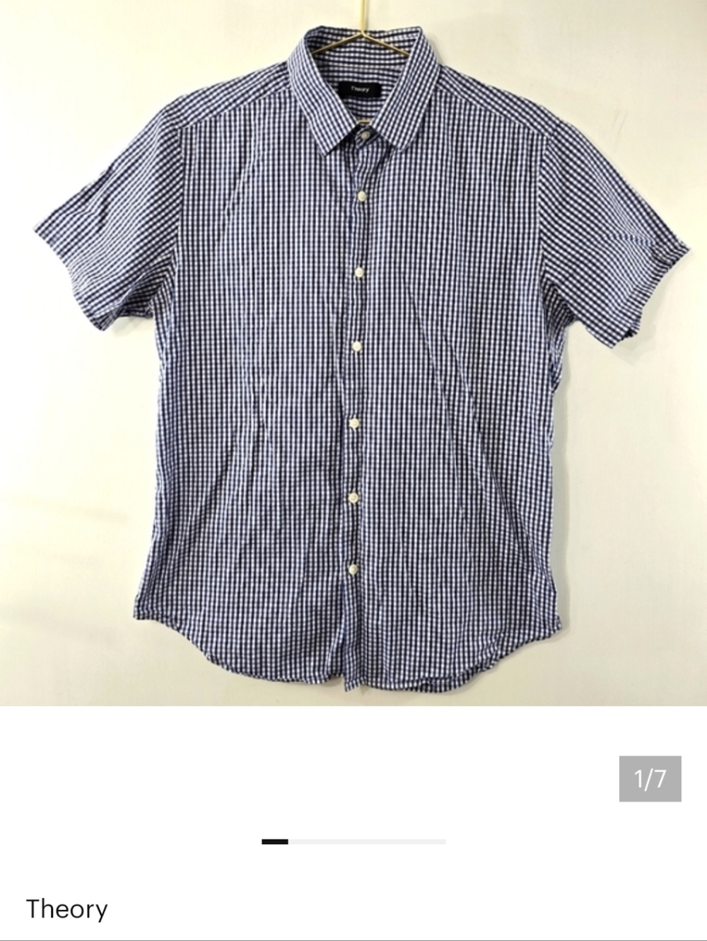 Theory Silvain Amicable Short Sleeve Gingham Check Plaid Button Up Shirt Size M